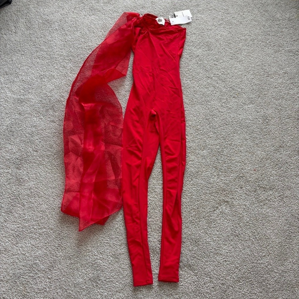 ATU Body Couture Bow Shoulder Catsuit Jumpsuit Womens XS Red Asymmetric Bold